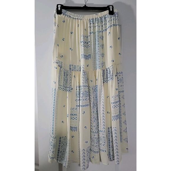 Ba&sh Lady Skirt Women Sz M Londer Midi Ecru Blue Folklore Block Print Bash EUC - Picture 3 of 15